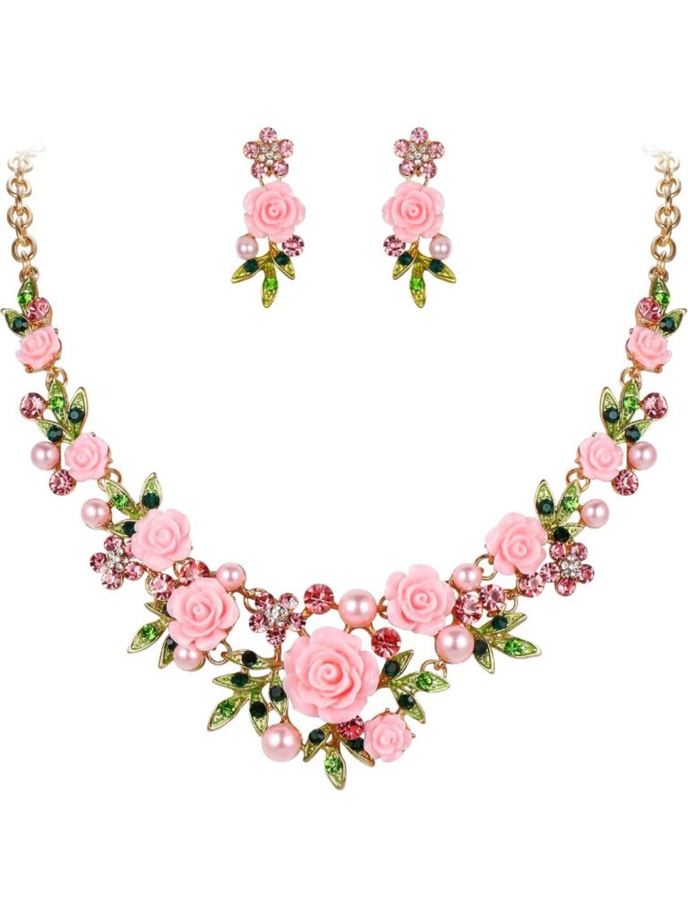 Elegant Rose Flower & Leaf Necklace & Earrings Set with Austrian Crystal
